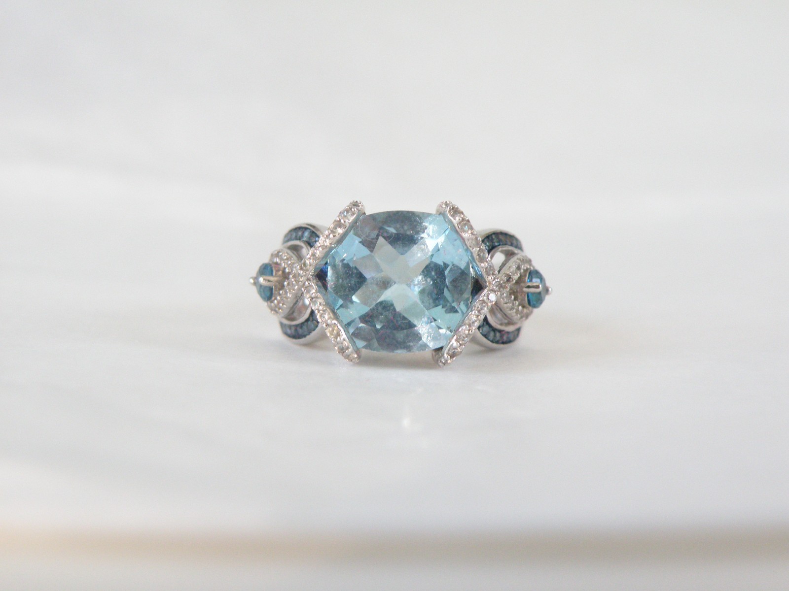 Vintage Style Sterling Silver 925 Natural Heated Blue Topaz Diamond Ring Size 6