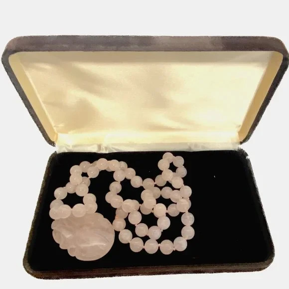 Vintage ASIAN Carved Rose Quartz 12mm Bead Long Beaded Necklace 112g-Stunning!