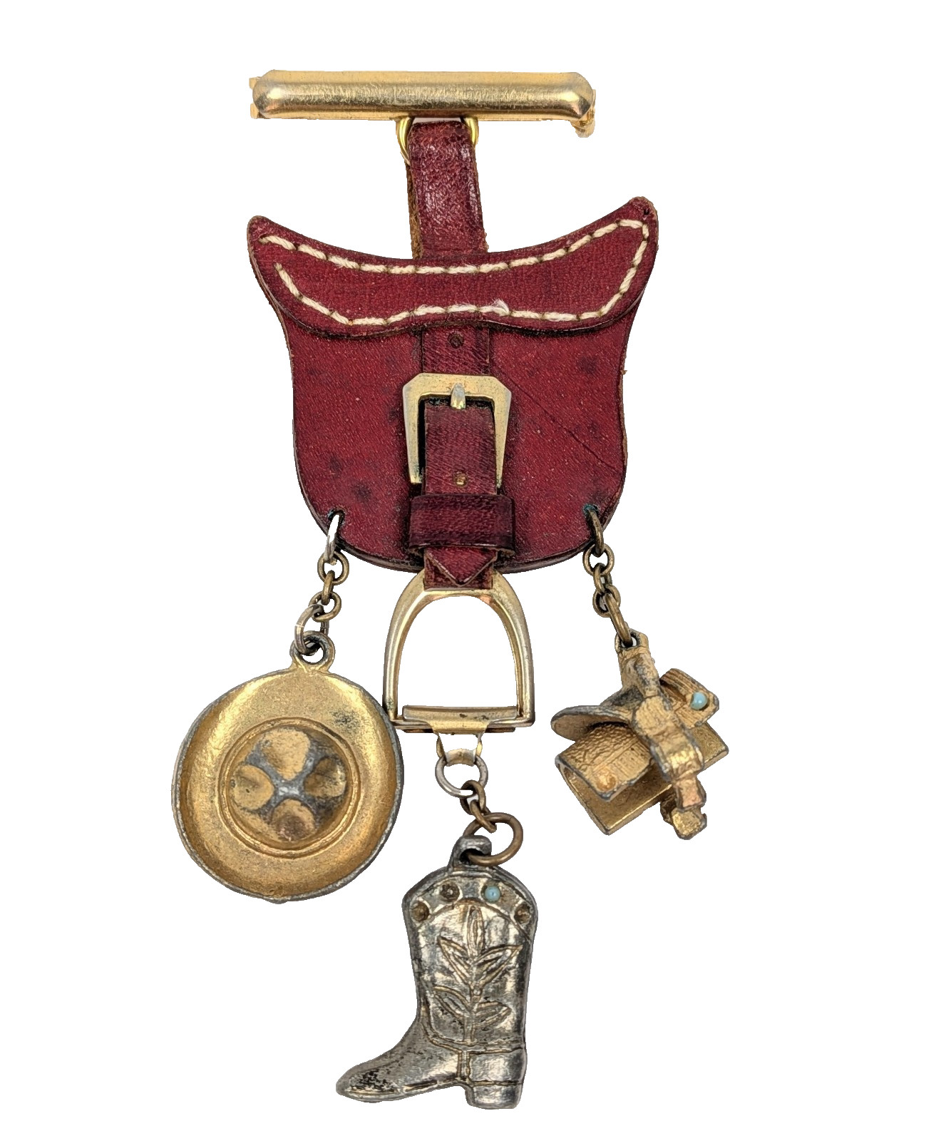 Western Cowgirl Equestrian Brooch RARE Rodeo Leather Saddle Chatelaine Charms