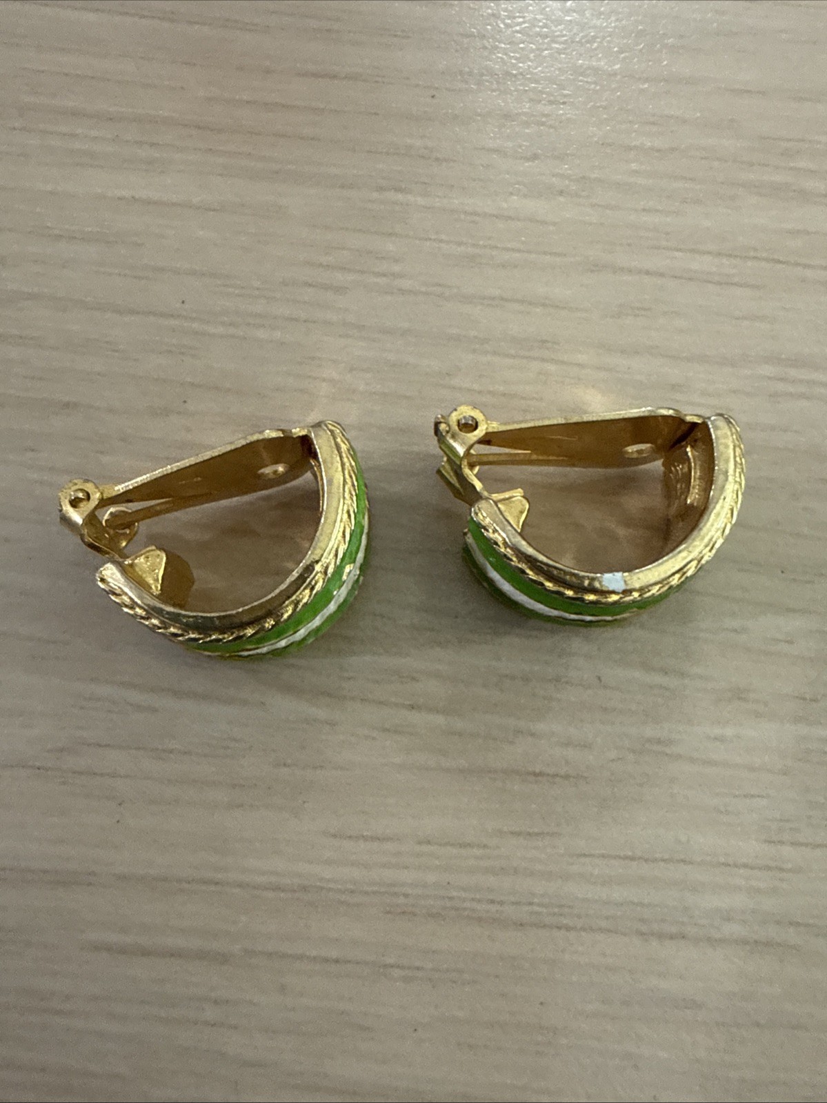 MIMI DI N Lime Green And White Striped Enamel Half Hoop Clip Earrings Gold Tone
