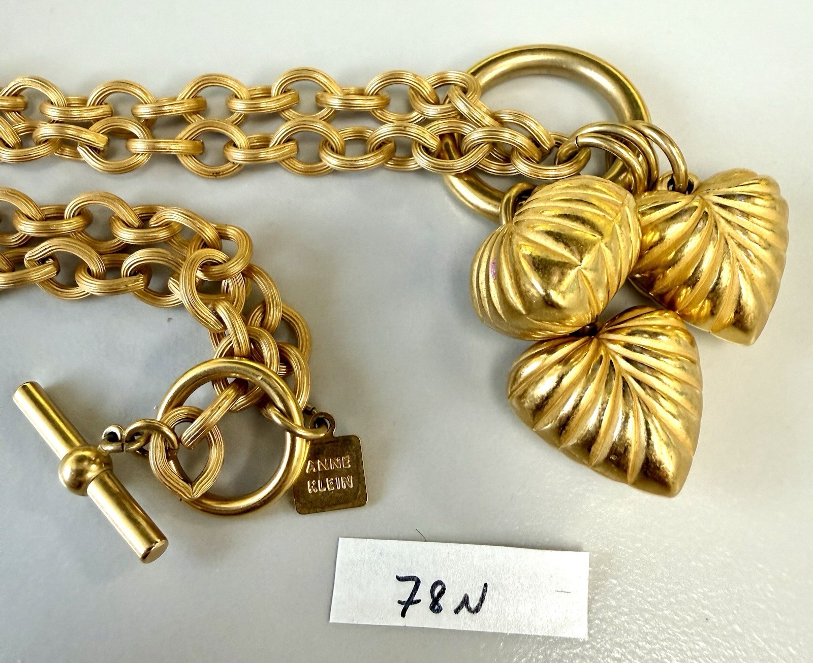 Vintage Anne Klein Gold Tone Triple Heart Charm Necklace Toggle Chain Statement
