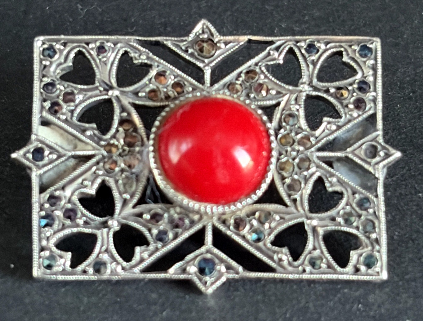 Vintage Art Deco Sterling Silver Coral & Marcasite Brooch Pin Tested 4.9g