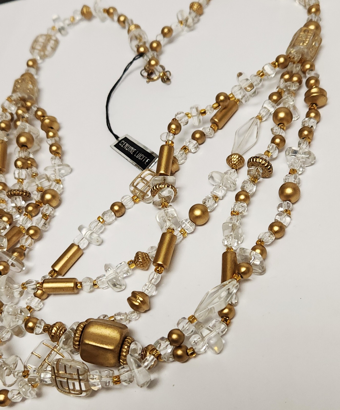 Gorgeous Vintage Clear & Gold Lucite Necklace 23.5″ x 4″ Orig Tag Made in China