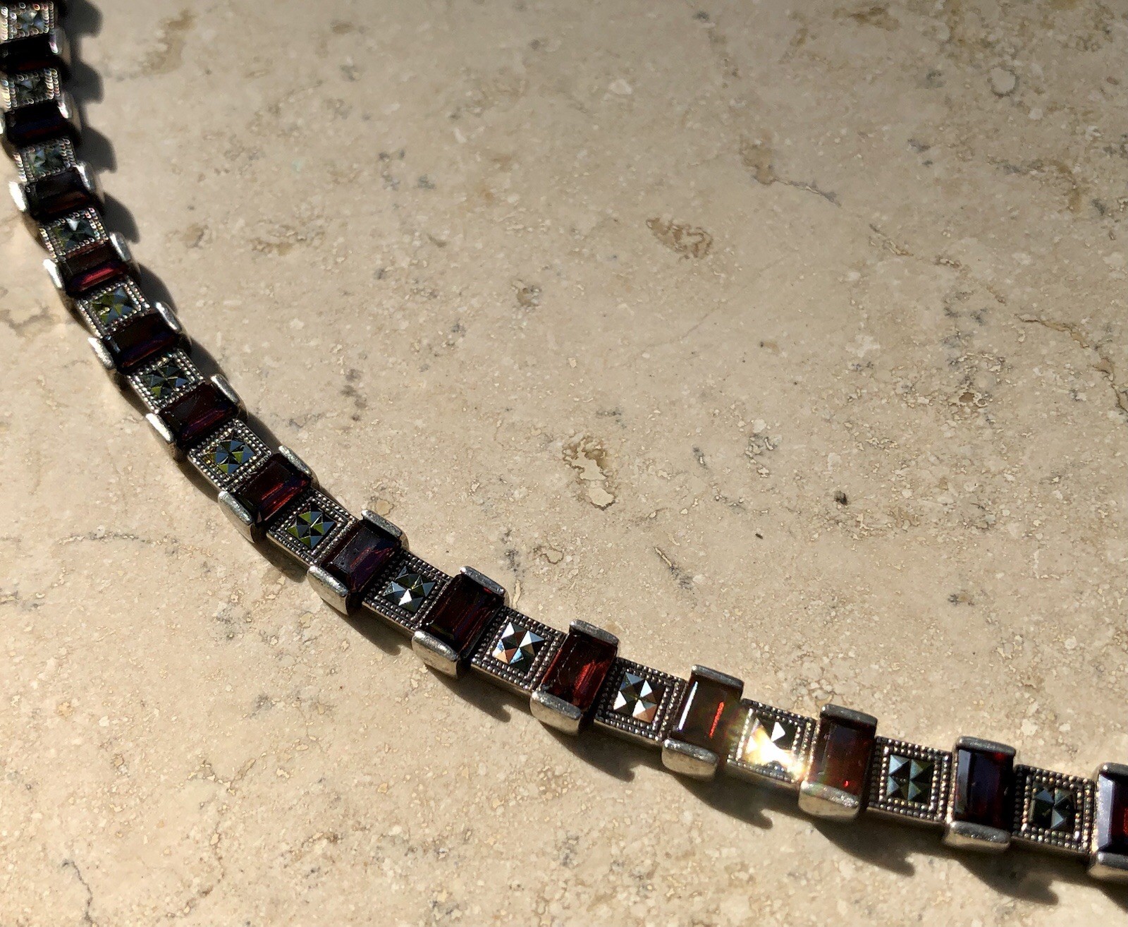 ❤️✨VINTAGE Sterling Silver EMERALD CUT GARNET & MARCASITE ESTATE Tennis Bracelet