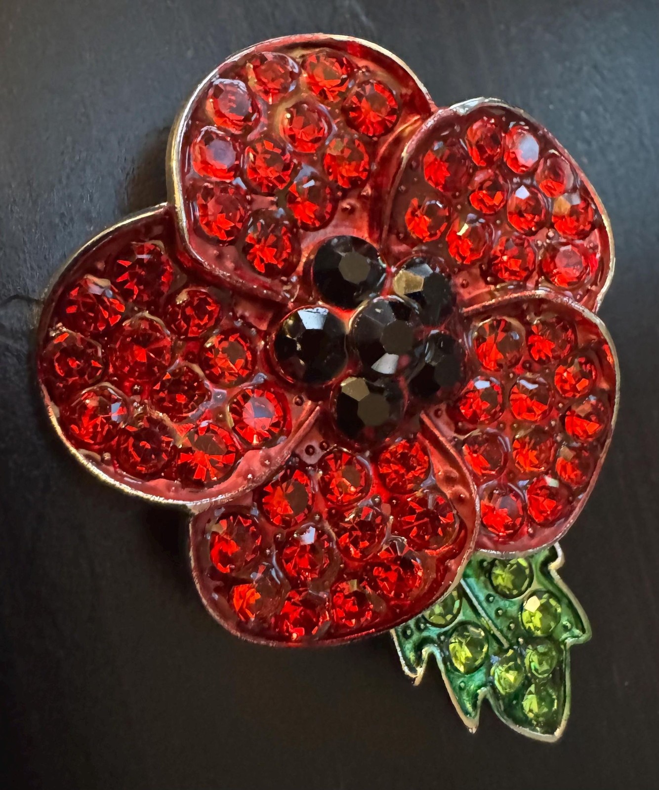 Vintage Red Poppy Flower Black Crystal Rhinestone Brooch Pin B22