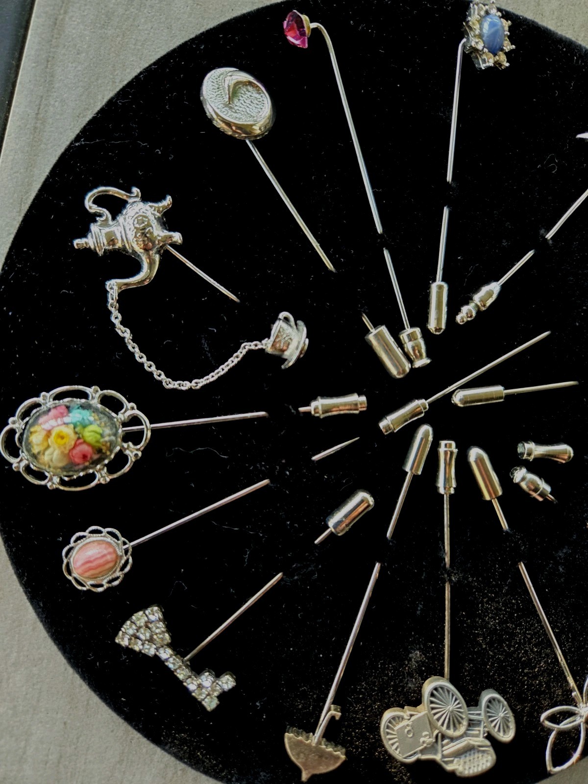 Vintage 15 Pc Stick Pin Collection Silver Tone Novelty Estate Lot