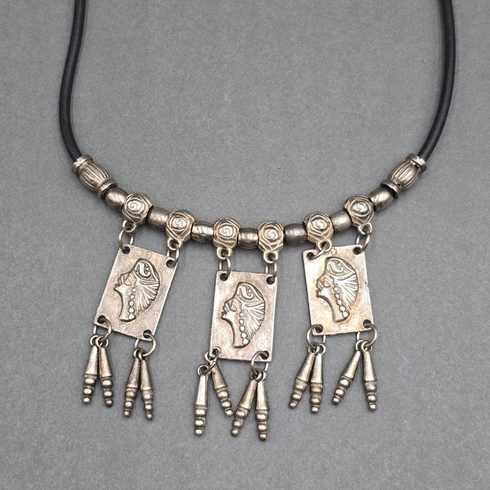 Vintage Tribal Panel Fringe Necklace Silver Tone Leather Cord Boho Statement
