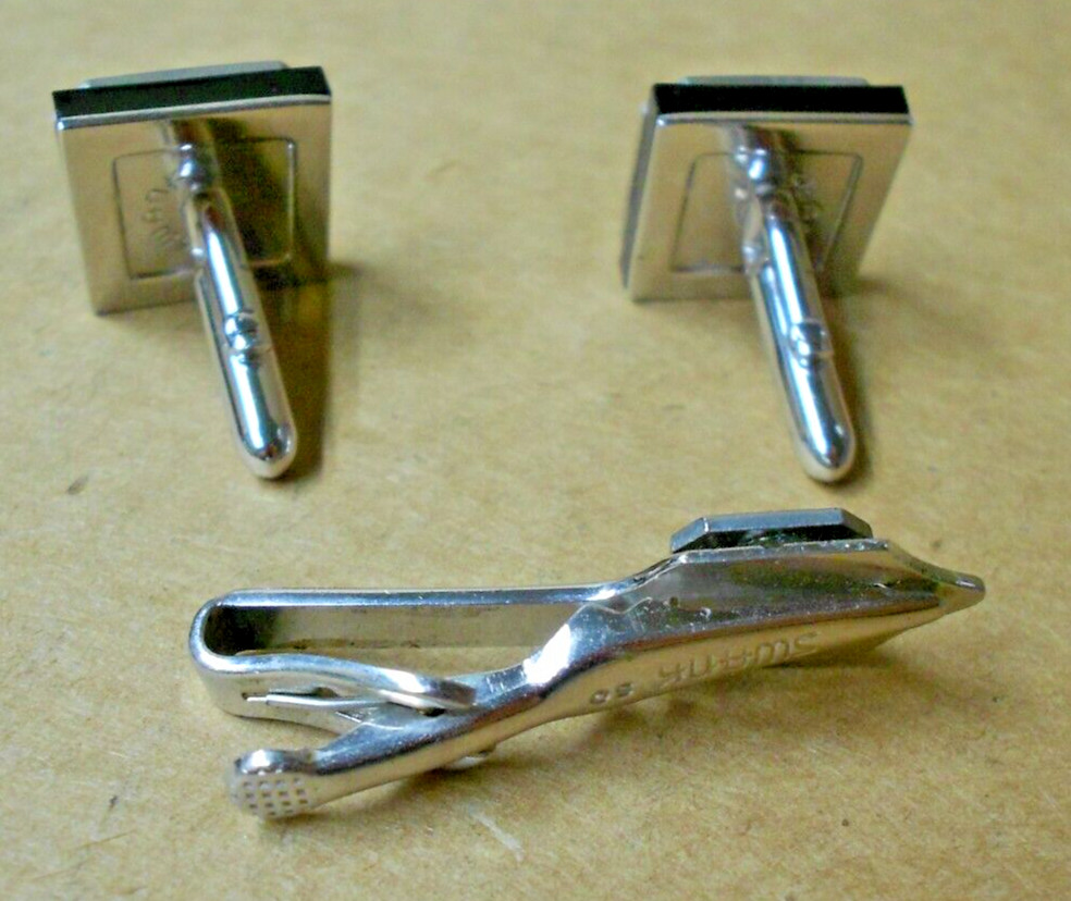 R Monogram Initial Letter Font Vtg SWANK Cuff Links & Tie Bar Clip Set