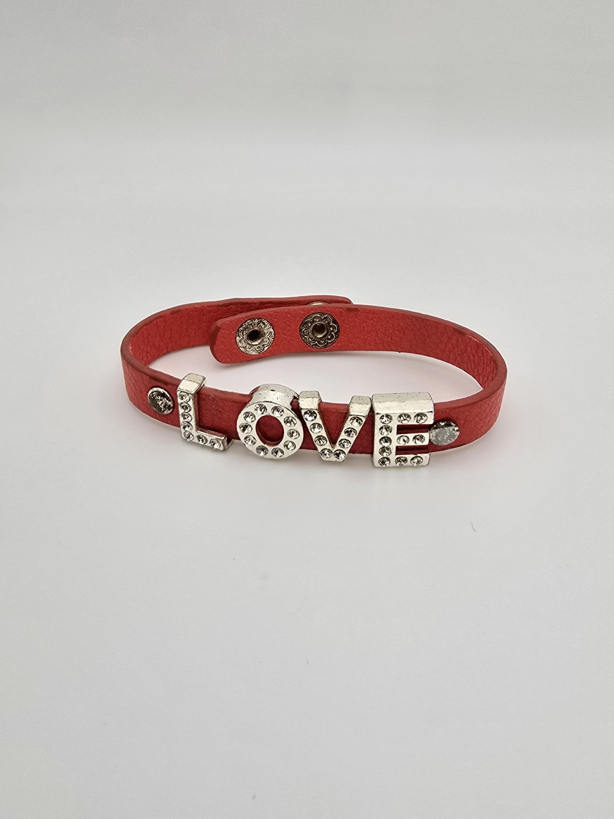 Vtg YIK FUNG Signed Red Leather & Rhinestone Slide Charm Bracelet FREE $HIPPING!