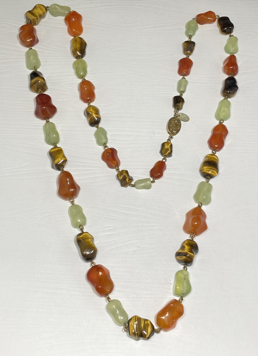 Vintage Signed Les Bernard Tiger?s Eye Jade and Carnelian Beaded Necklace 36 in