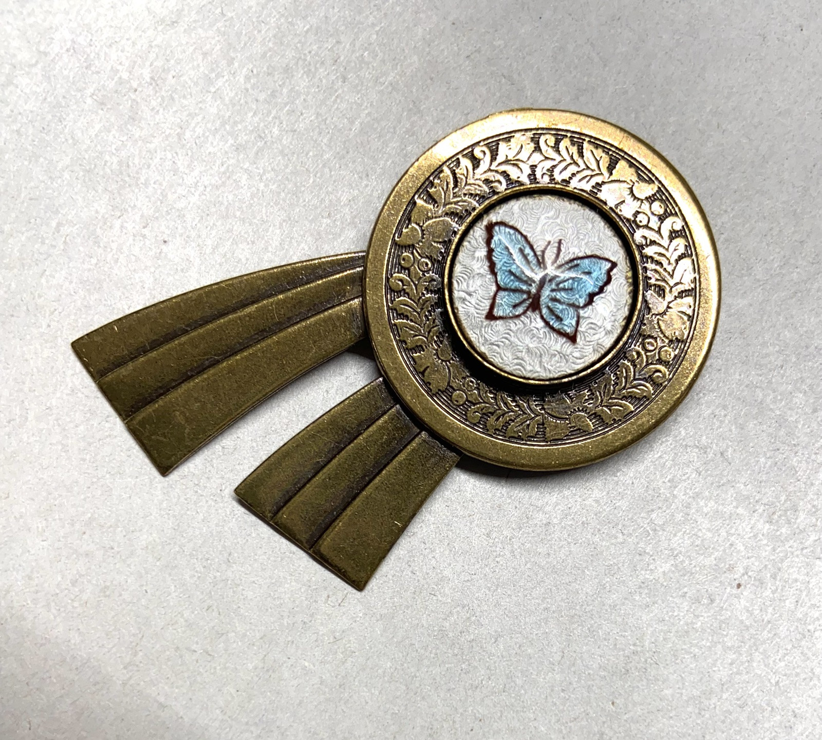 Victorian-look ANTIQUE FINISH BRASS PIN-Guilloche ENAMEL Blue Butterfly Accent