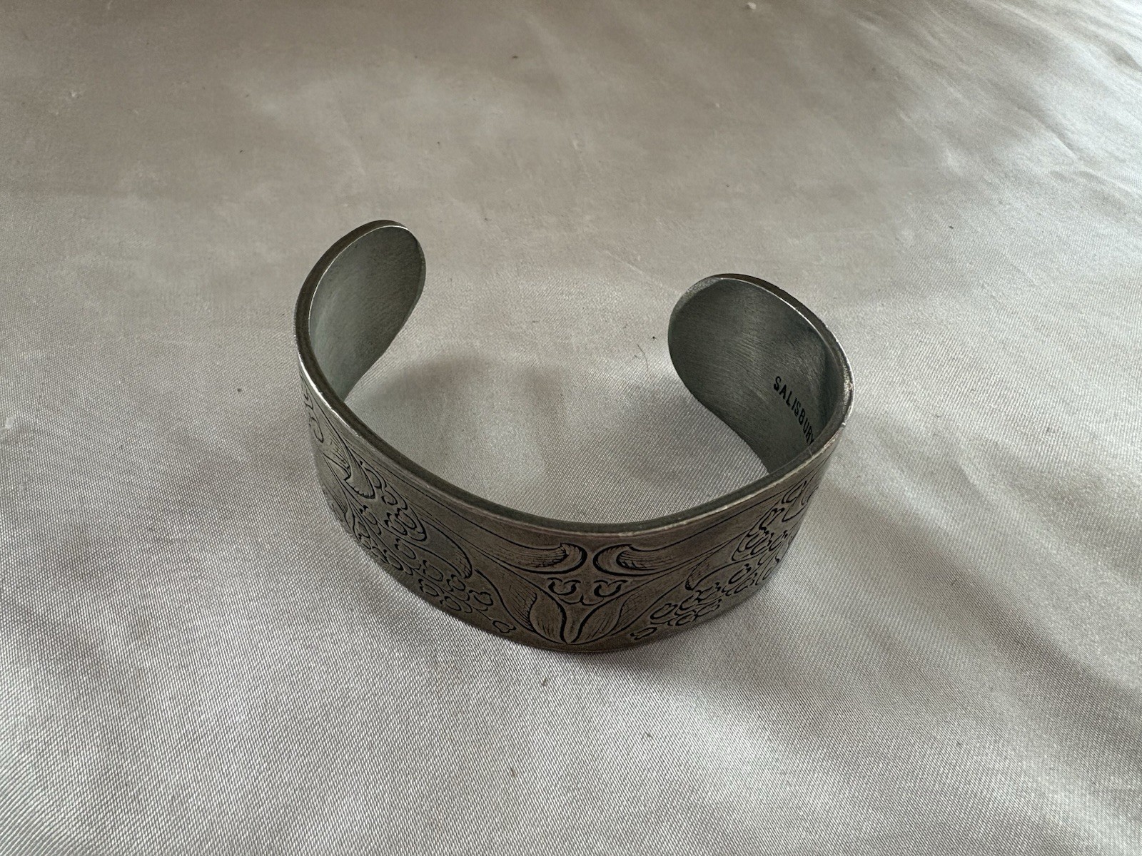 Vintage Flower Salisbury Pewter Cuff Bangle Bracelet Engraved Etched May