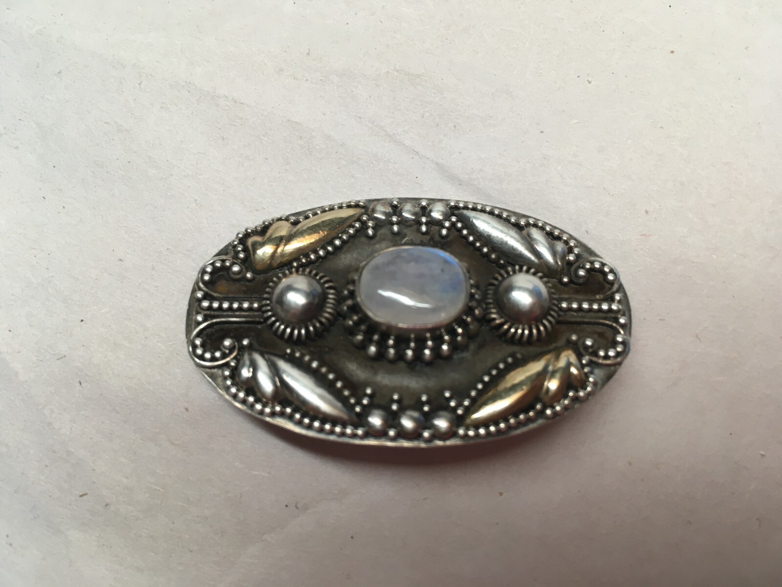 925 Sterling Silver Gold Wash 2 Tone Moonstone Brooch 1-5/8”