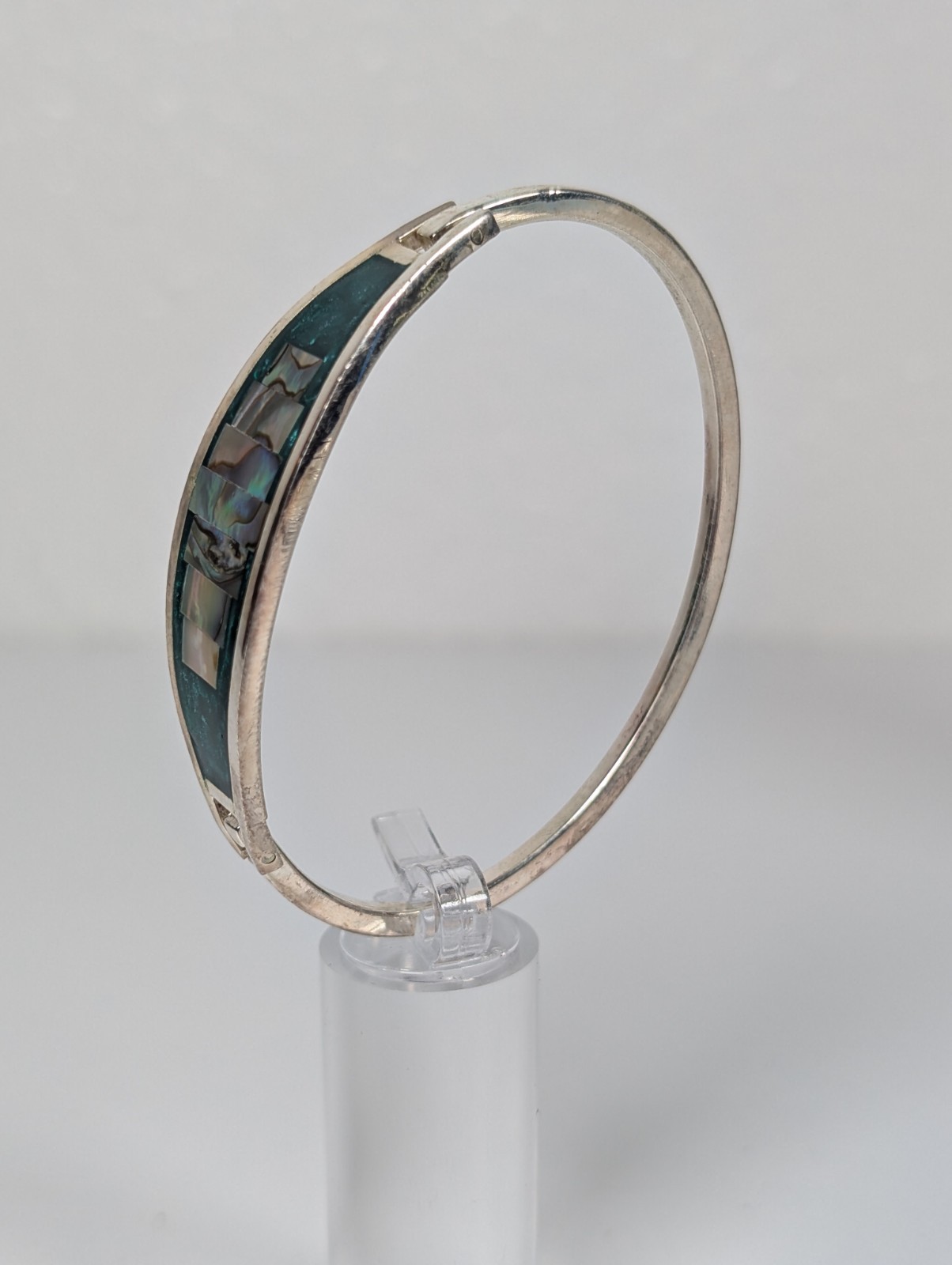 Vtg Alpaca Mexico Hinged Bangle Bracelet MOP Abalone Shell Inlay 1980s NOS