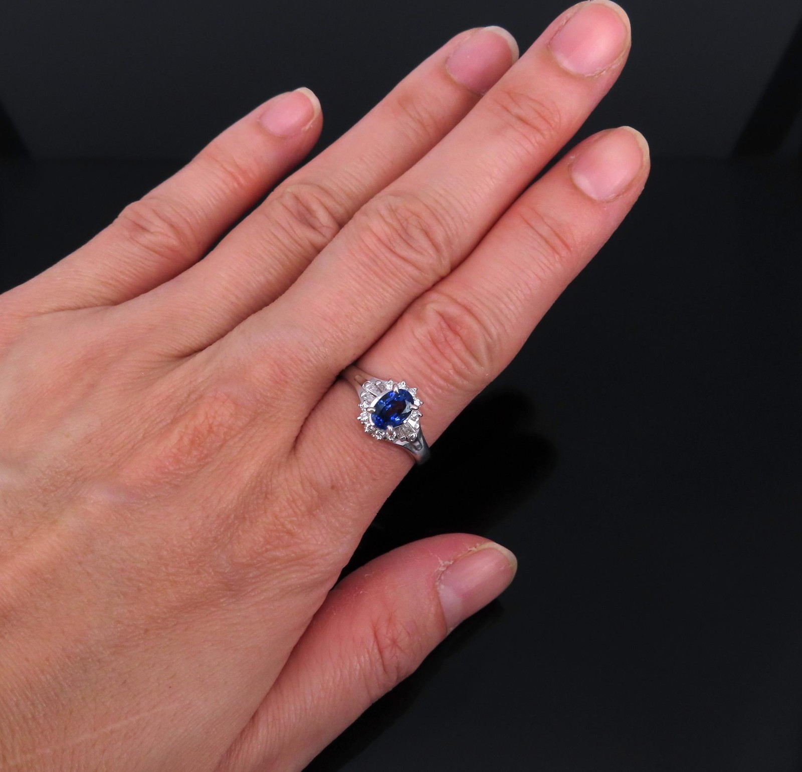 Vintage 0.96ct Blue Sapphire & 0.26ct Diamond Platinum Cocktail Ring Size 7