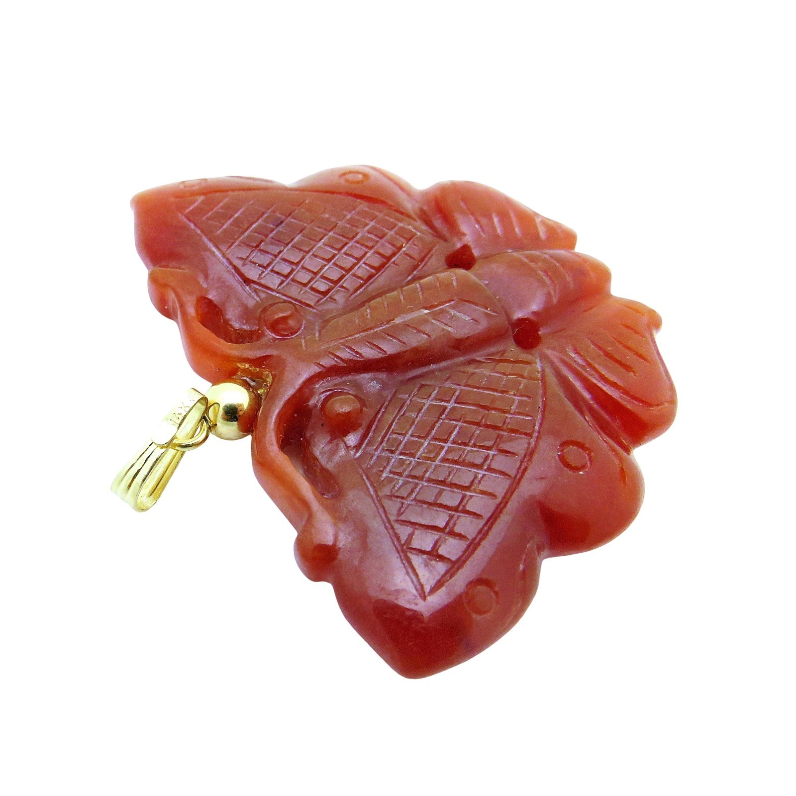 Vintage 14K Yellow Gold Natural Red Jadeite/Jade Carved Butterfly Pendant