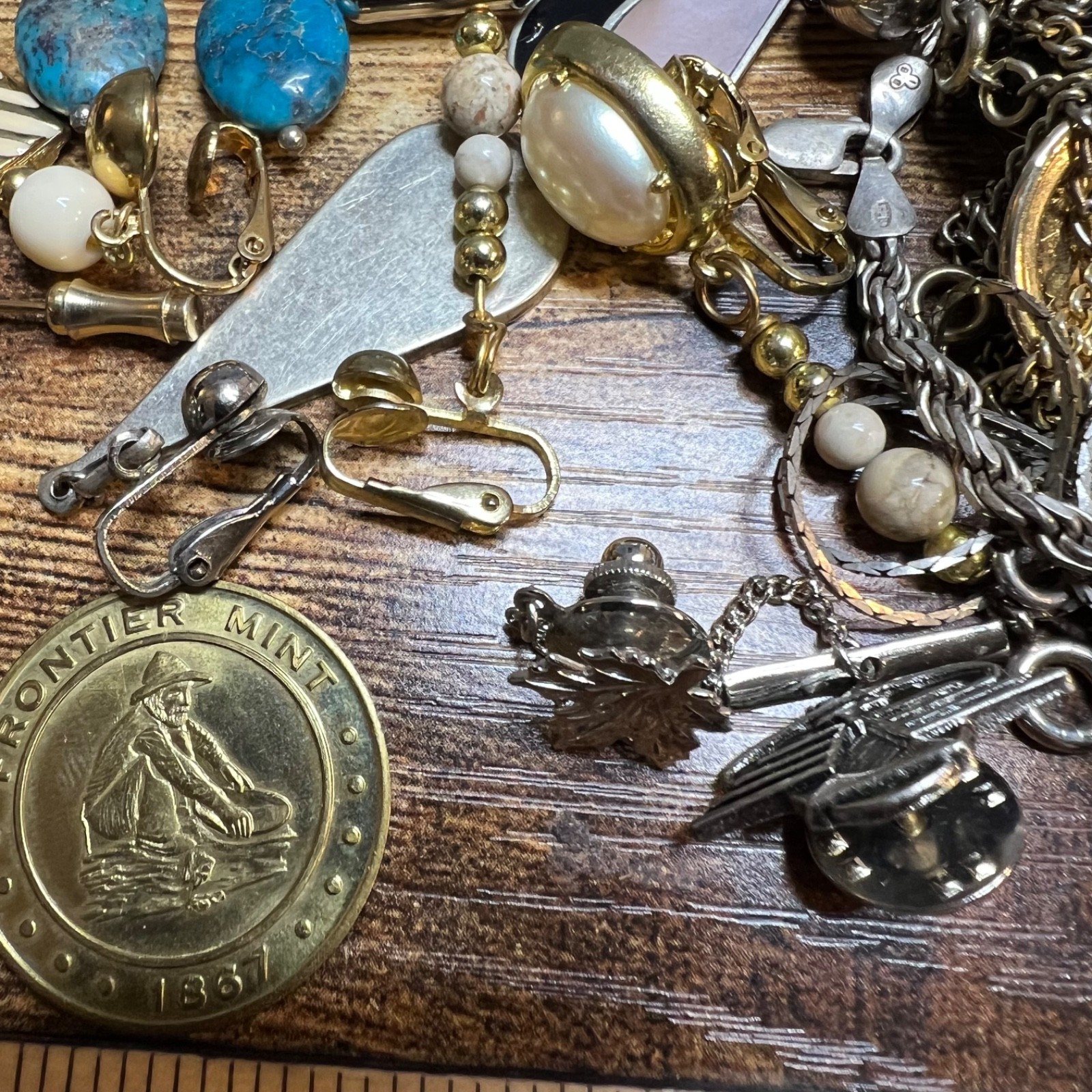 Vintage Estate Junk Drawer Lot: Jewelry, Pins, Coin, Collectibles, Tangled