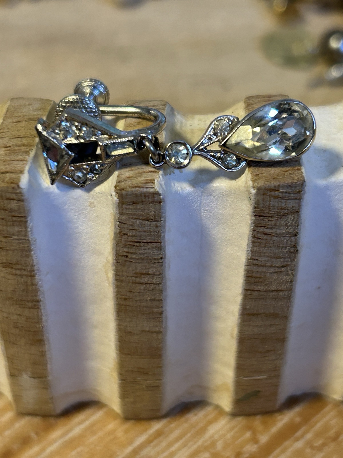 Vintage 1930s-1950s Screw Back Rhinestone Sterling Marked Tear Drop Earrings