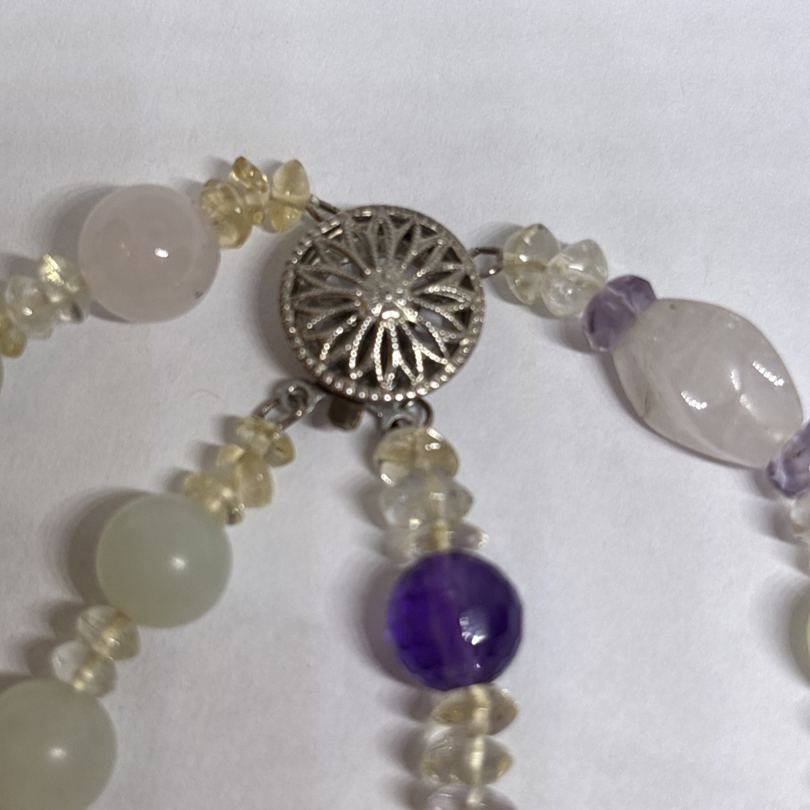 Multi-Gemstone 2-Strand Necklace Carved Jade Amethyst Sterling Silver STG 85g