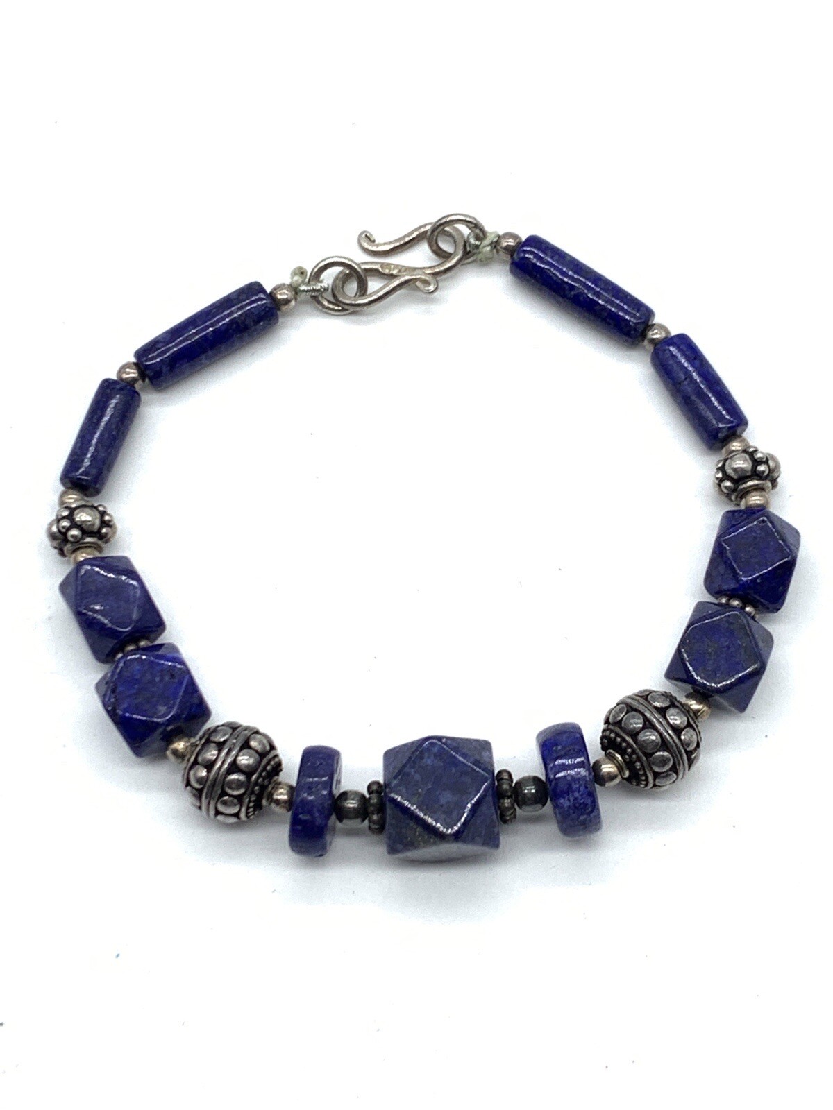 Vintage Denim Lapis Sterling Bracelet Bead Geometric S Hook Clasp 925 Artisan A2