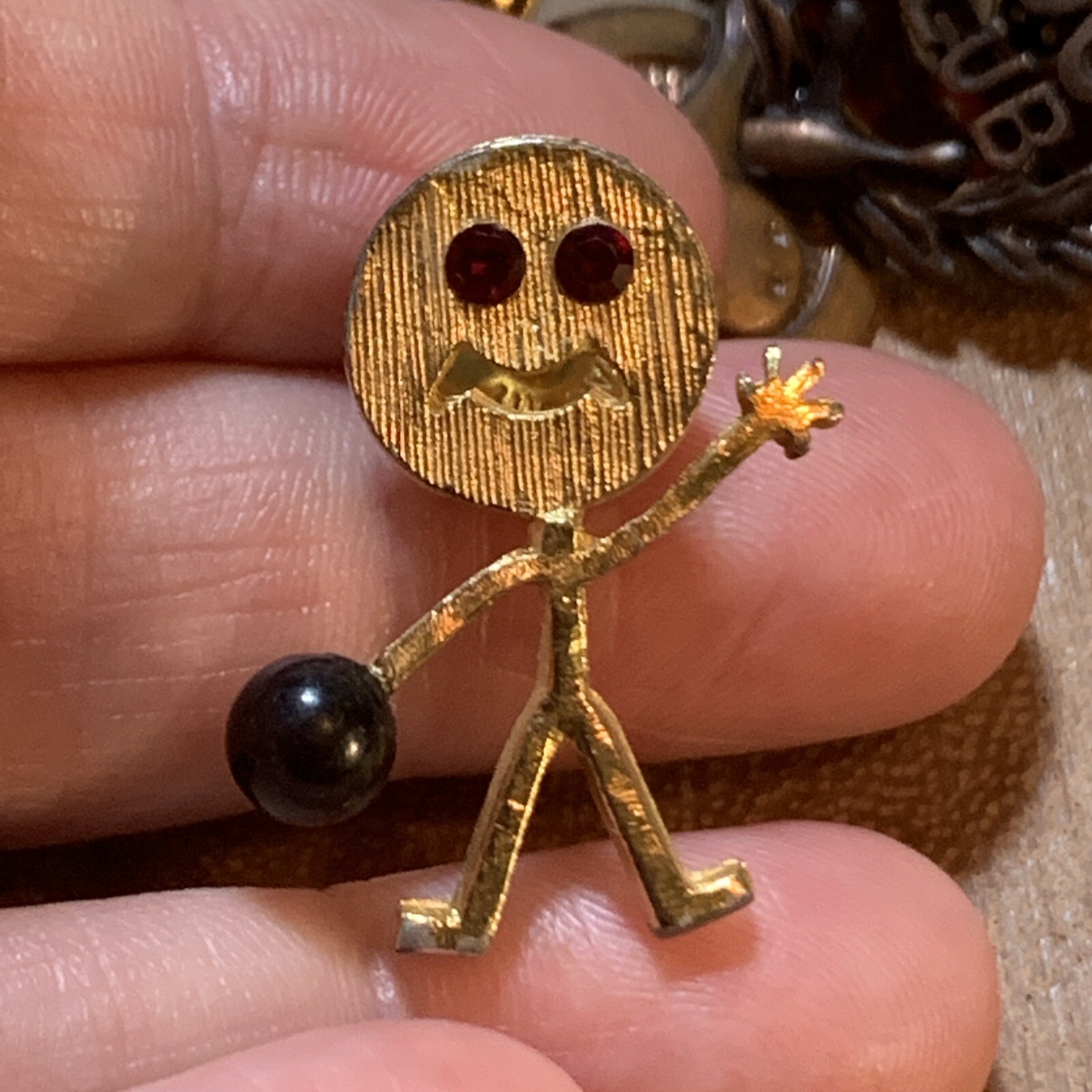 Vintage Metal City Bowling Tac Pin Stick Person Rhinestone Eyes Bowling Tac Pin
