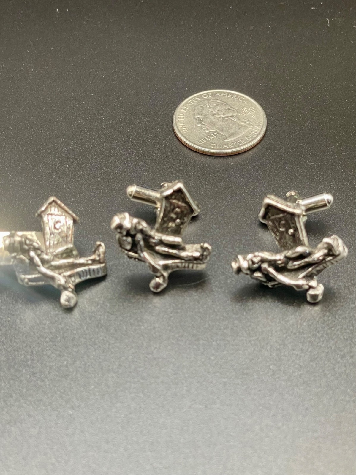 Vintage Outhouse Moonshine Drunk Figural Silver Tone Cufflinks and Tie Clip Set
