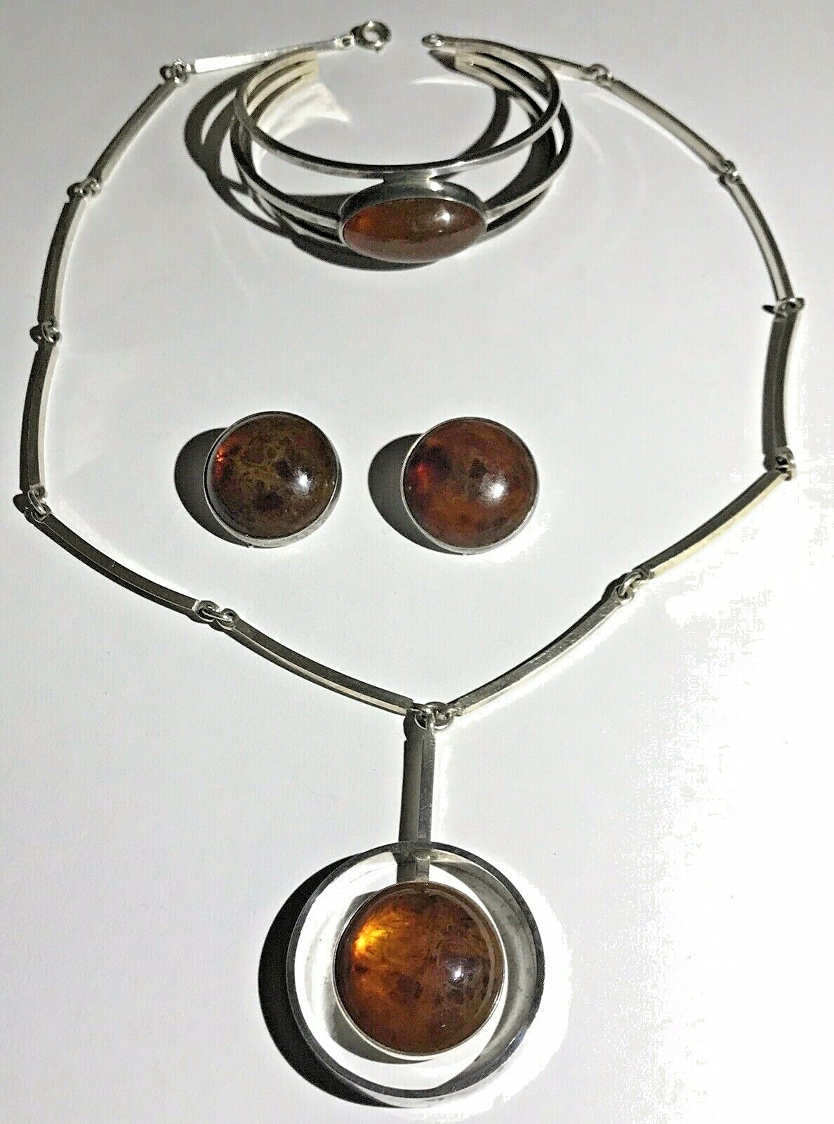NILS ERIK FROM N.E. STERLING SILVER AMBER SET NECKLACE BRACELET EARRINGS DENMARK