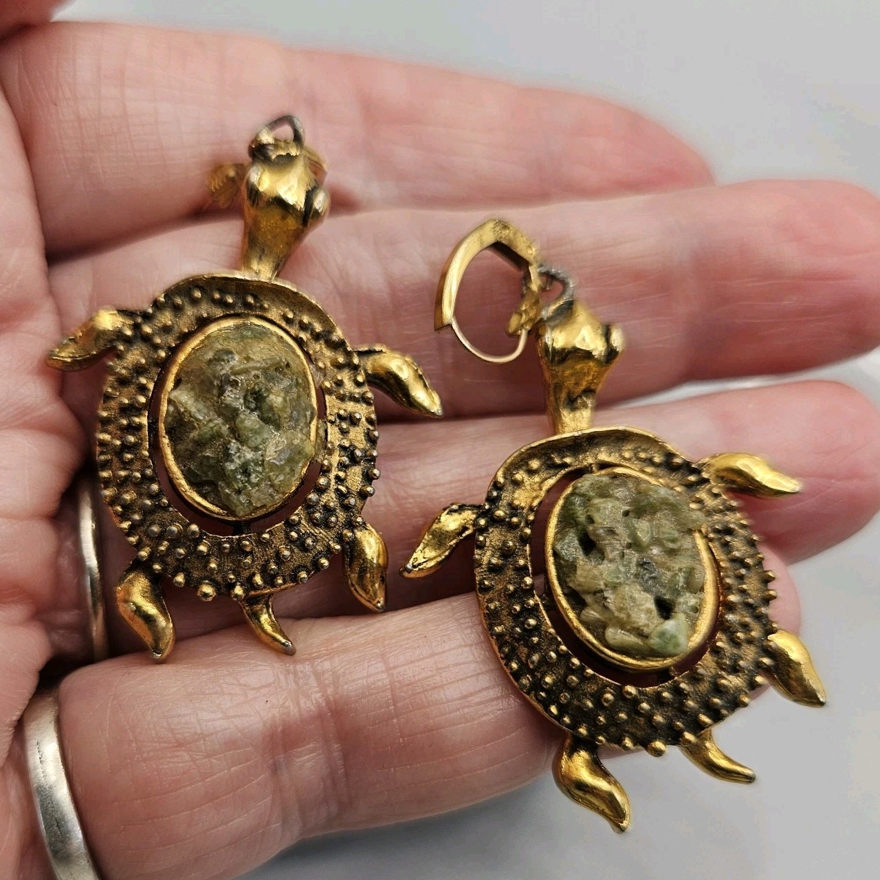 Vintage Gold Tone Turtle Earrings Dangle Hook Pierced Faux Druzy Stone Chunky2″