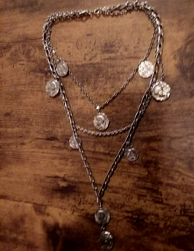 vintage silvertone coins necklace layered 1960s