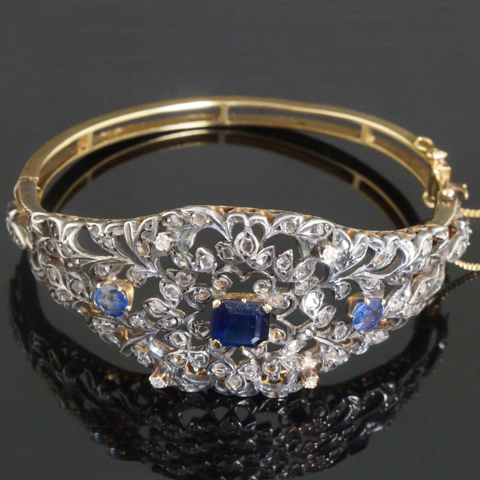 c1880 Solid 18K Yellow Gold, Silver, Rose Cut Diamond & Sapphire Bangle Bracelet