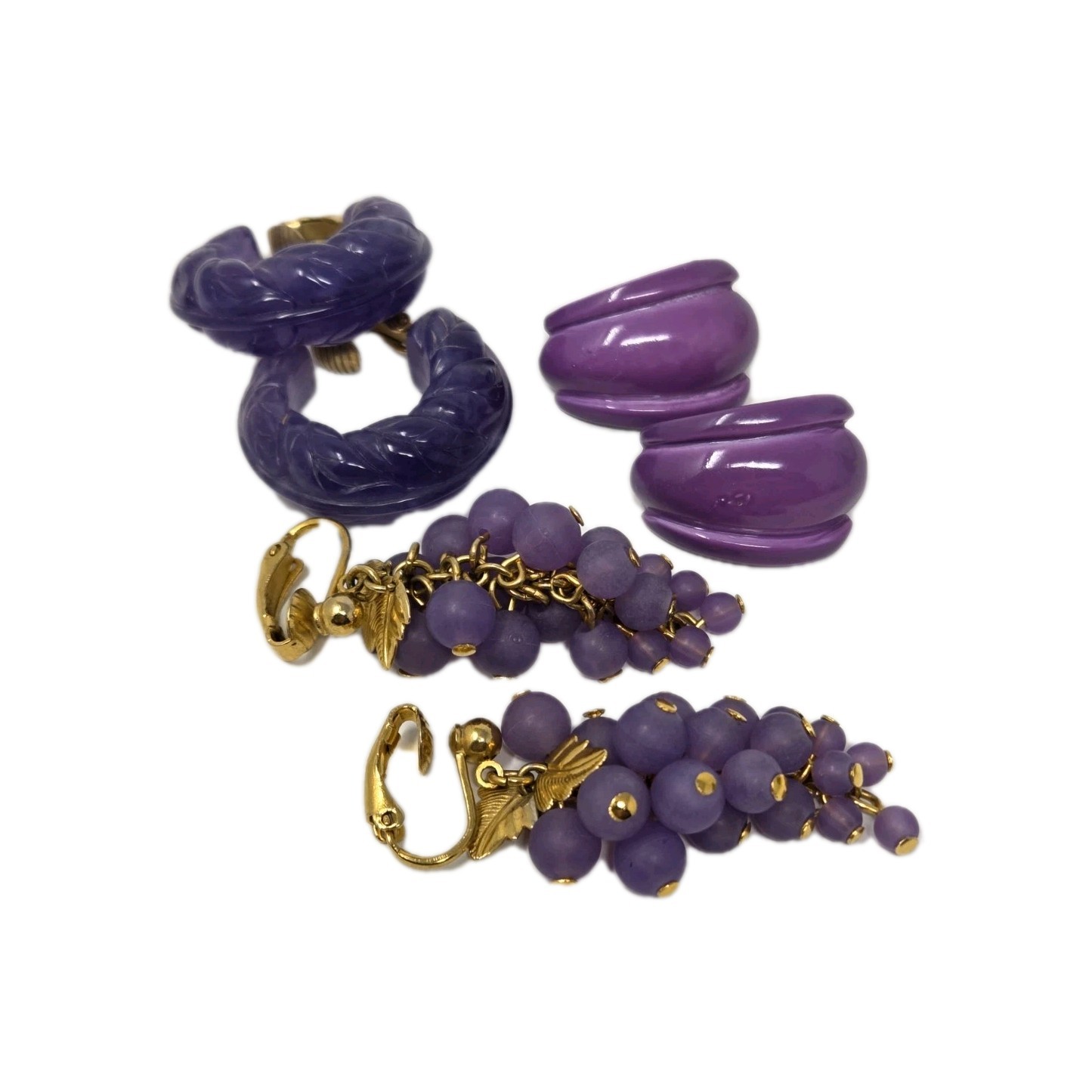 Three Pairs Purple Vintage Clip-on Earrings Grapes Bunch Dangles Hoops Enamel