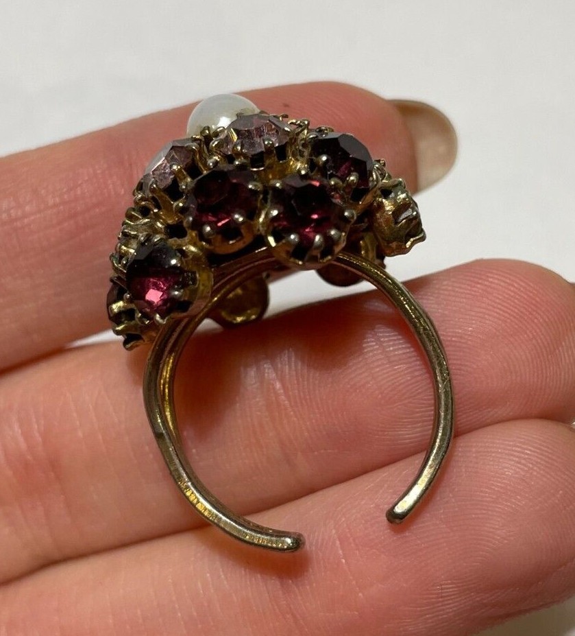 Vintage Art Deco Purple Pink White Cluster Rhinestones Adjustable Sz 6 Ring