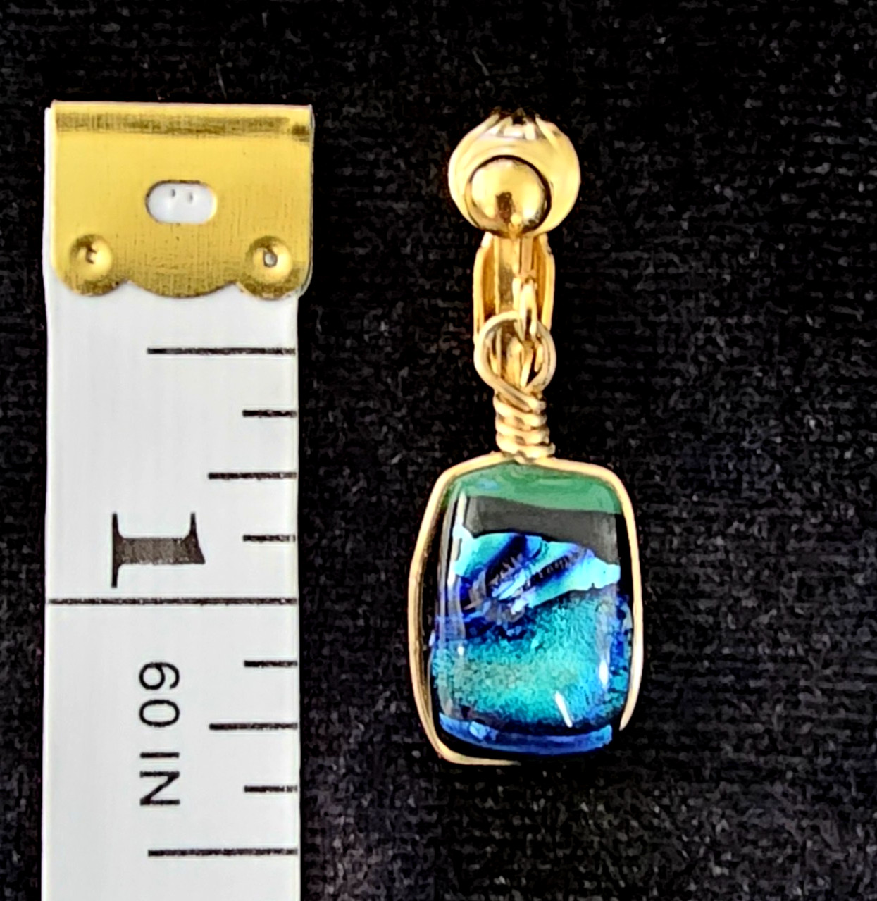 Blue Green Dichroic Glass Jewelry Set Pendant Clip Earrings Gold Tone Eclectic