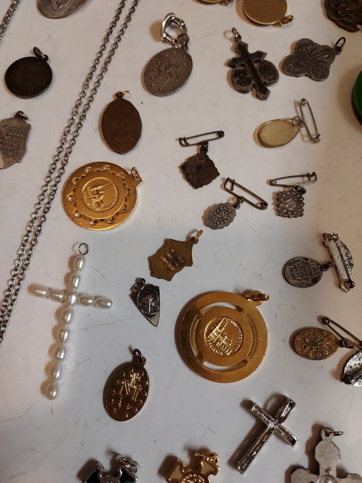 Huge Religious Lot Cross Rosary Beads Small Silver Pin Charms Mixed Lot 40 Pcs.