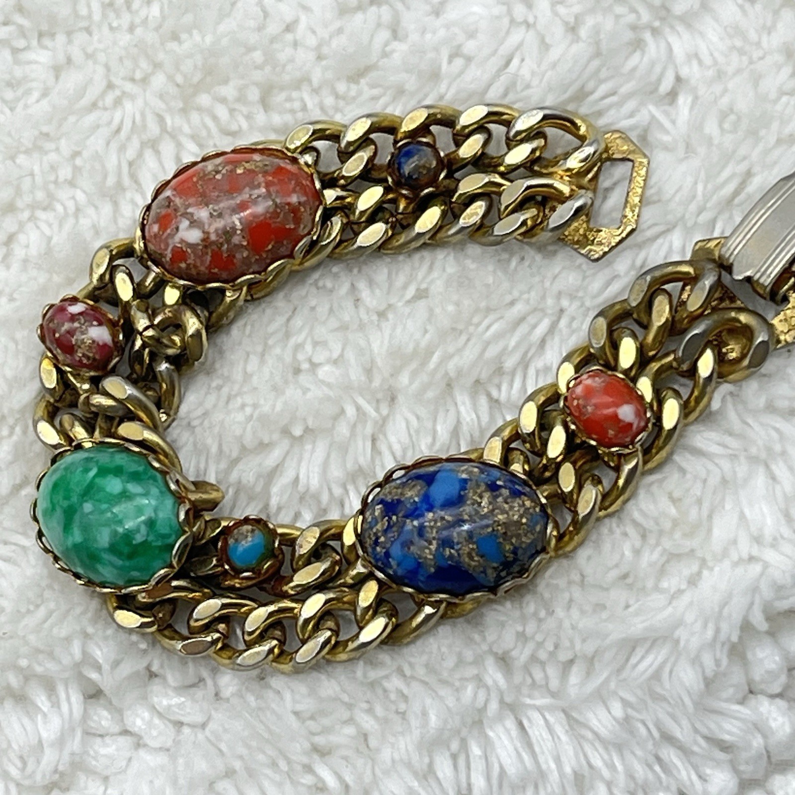 Vintage Marbled Art Glass Bracelet Gold Tone Chain Colorful Fits 6.25″ Wrist