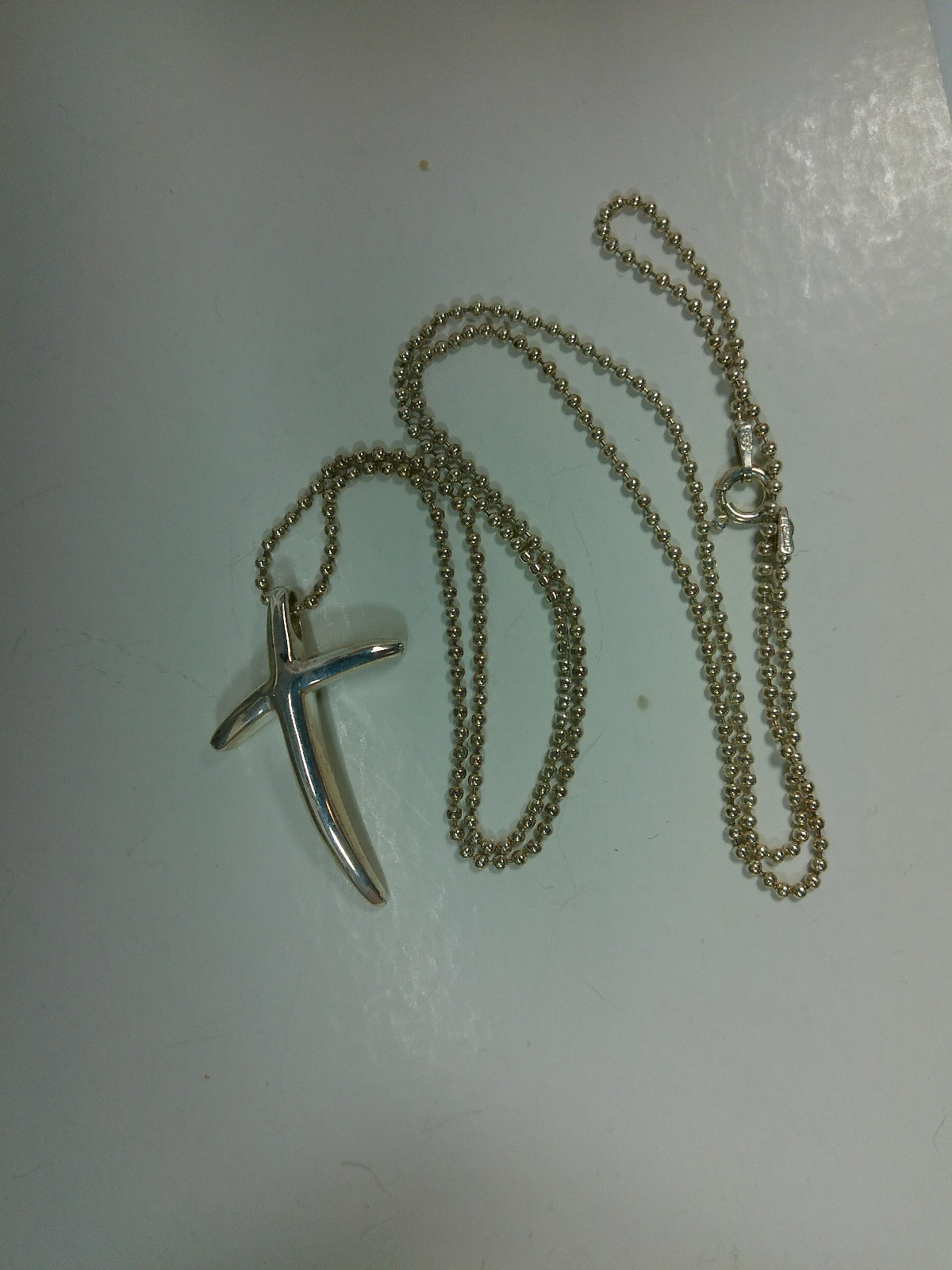 Vtg Modernist Religious Angled Cross Pendant Sterling Silver Chain 22″ Necklace