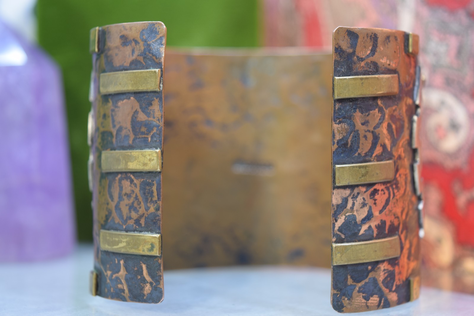 Vintage Mexico Mixed Metal Huge Aztec Bracelet Sterling Copper Brass 8″
