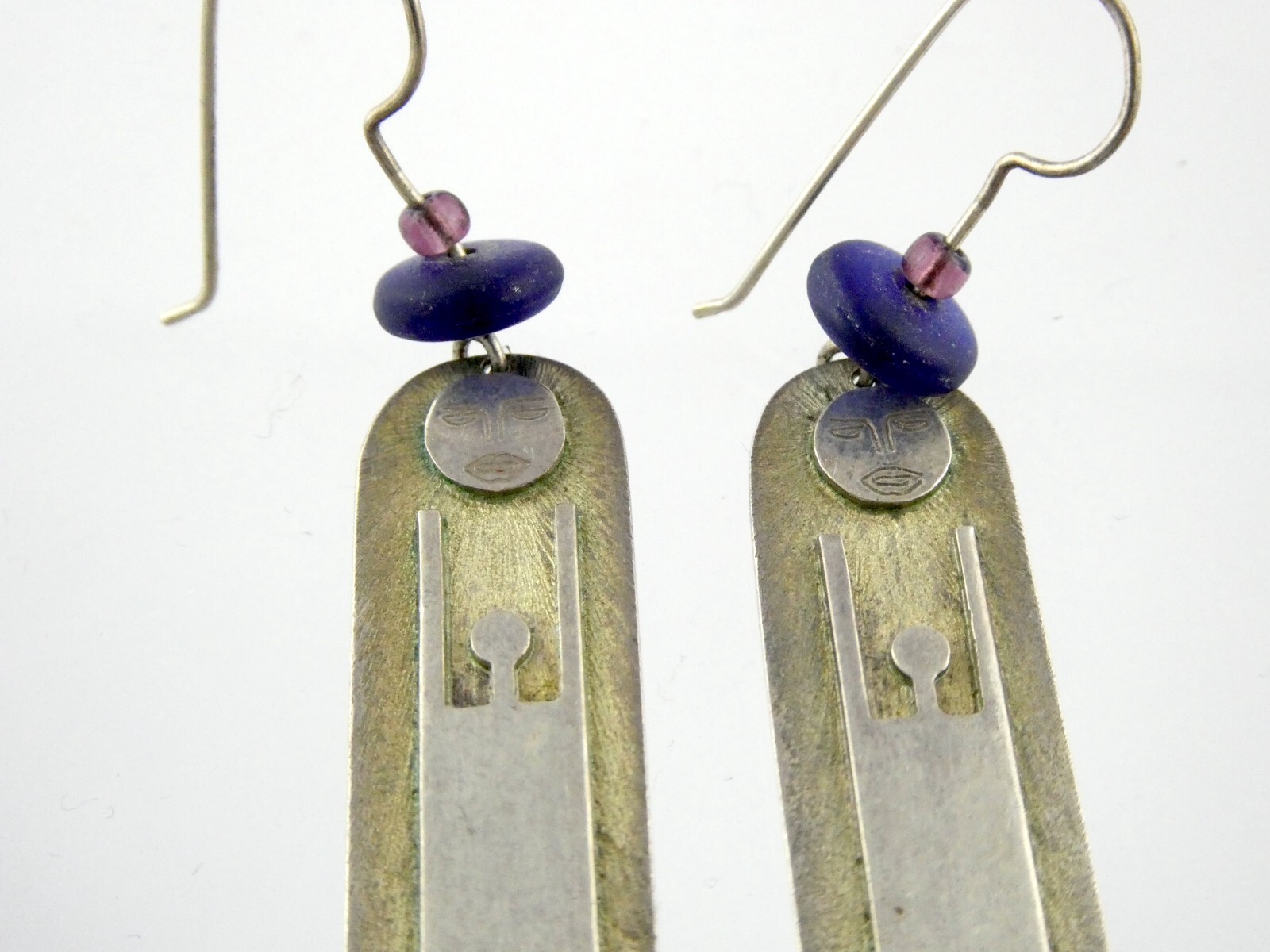 Vtg Artisan Handmade Sterling Silver Person Worshipping Sun Earrings 9g 2.25 In