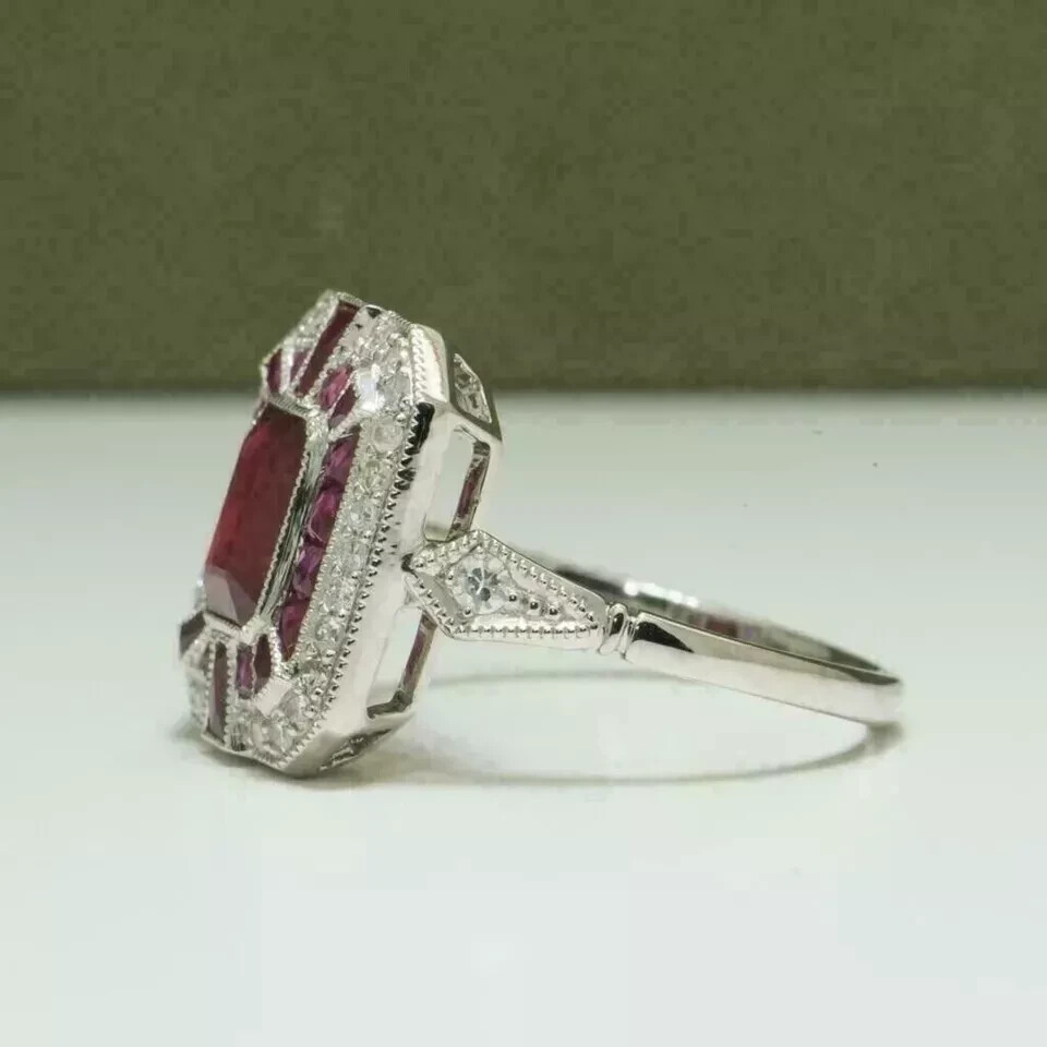 Art Deco Style Ruby & Lab Created Diamond Engagement Ring 14k White Gold Finish