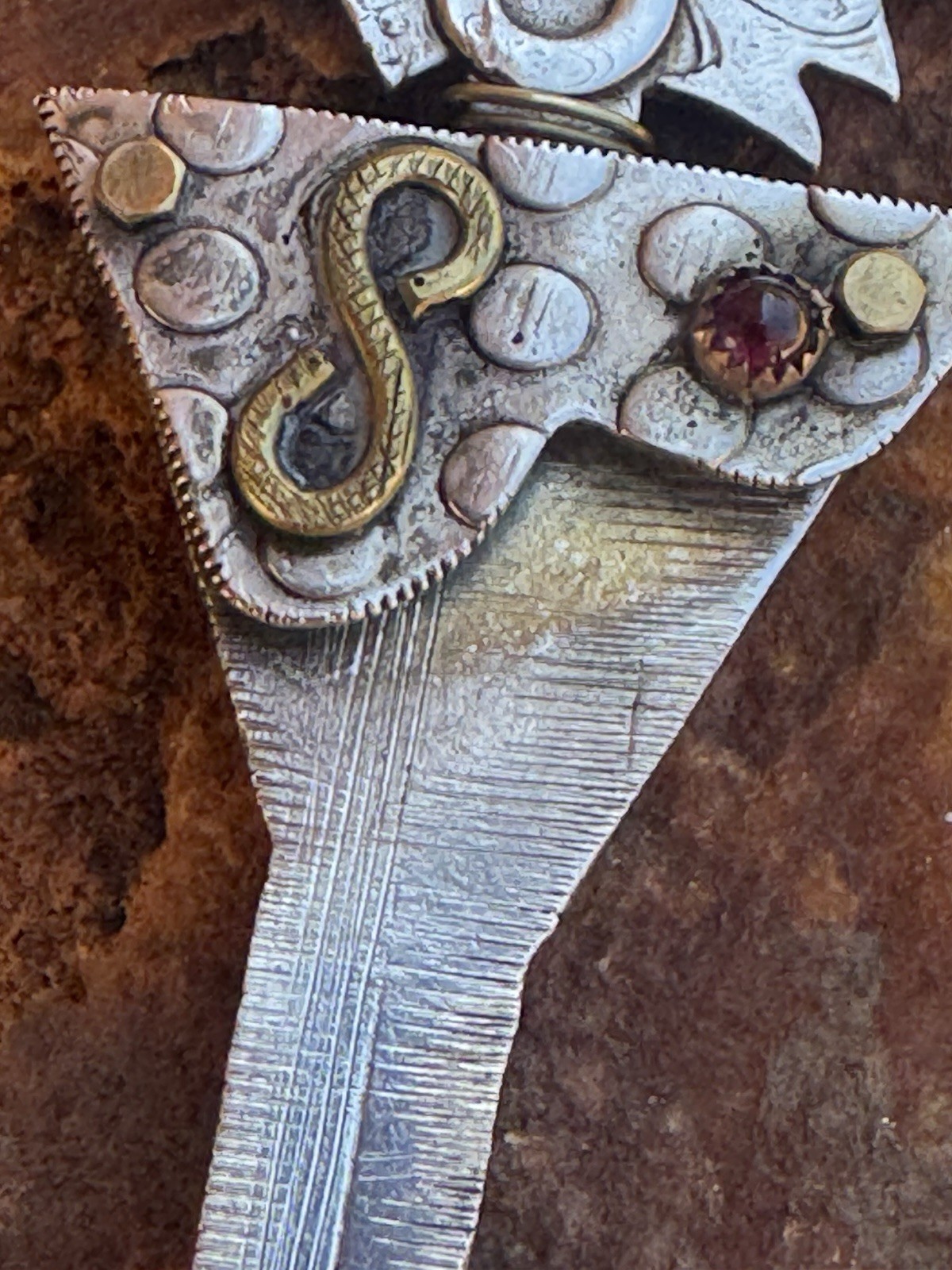 Sterling Silver Artisan Brooch, Mixed Metals Signed 15 Grams 3 1/4”