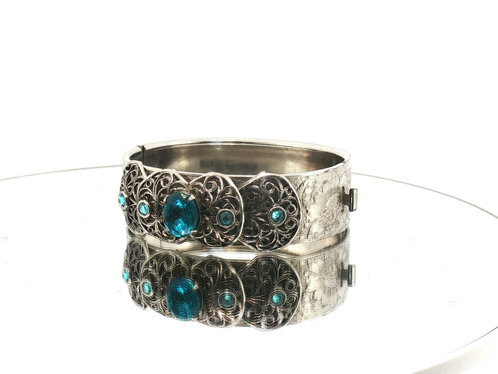 Vintage Art Deco Filigree Cuff Bracelet Silver Tone Blue Stones Openwork