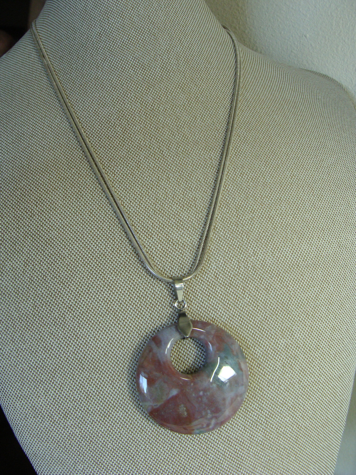 AC Double Strand Silver Tone Chain Round Disk Quartz Stone Boho Pendant Necklace