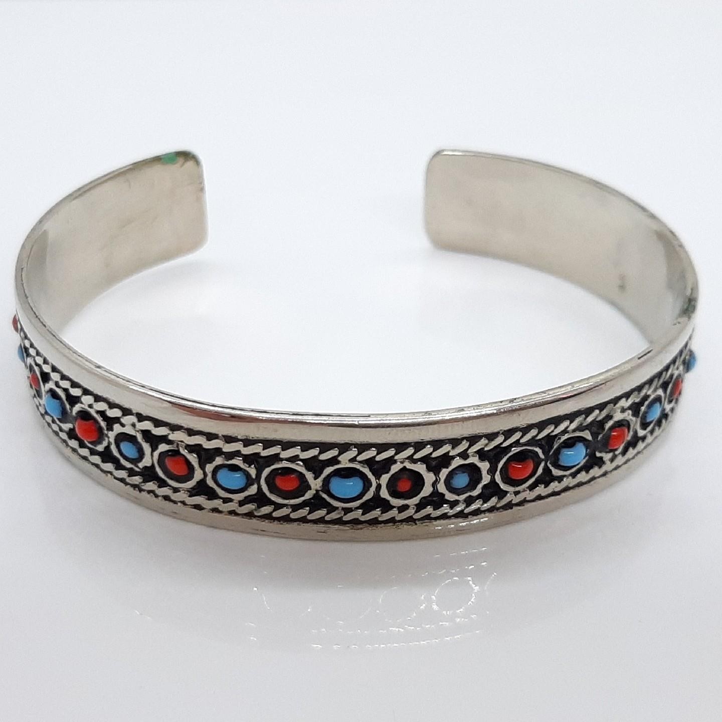 Antique 2.11ctw Turquoise & Coral Silver Bangle Bracelet 21.4g