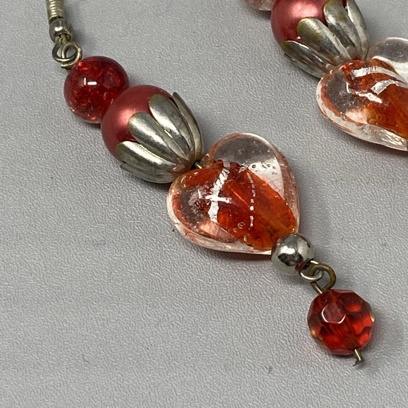 Red Glass Dangle Earrings Fused Heart Crackled Pierced Silver Tone 2.5″