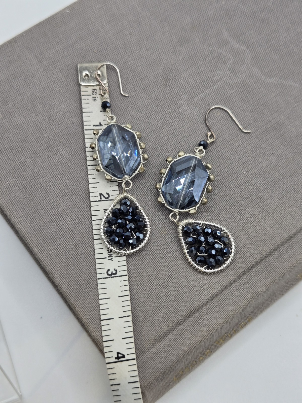 Silver Beaded Blue Aquamarine dangle Earrings Wire Wrapped Faceted Crystals