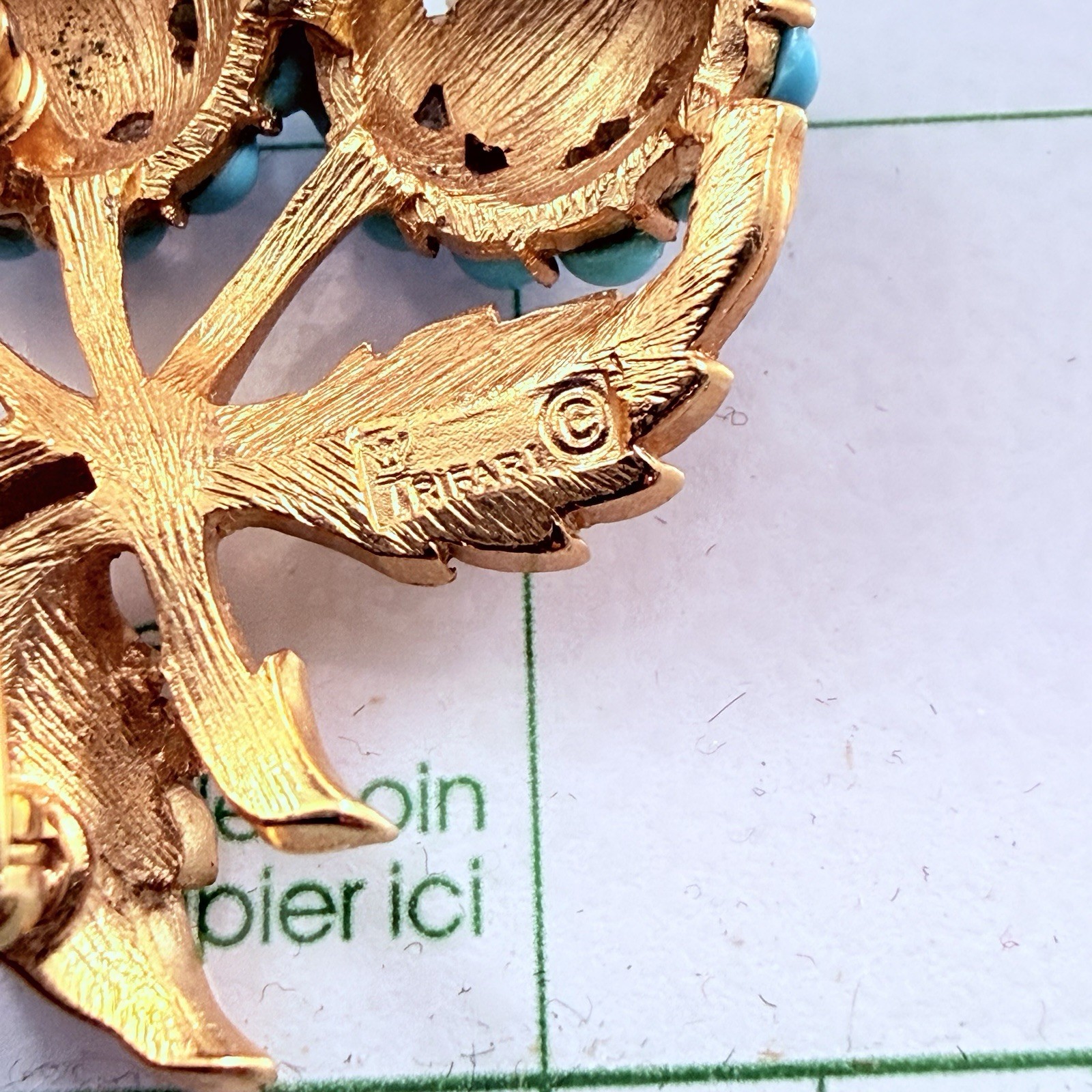 Vintage TRIFARI Faux Turquoise Double Flower Brooch Estate Pin Rare