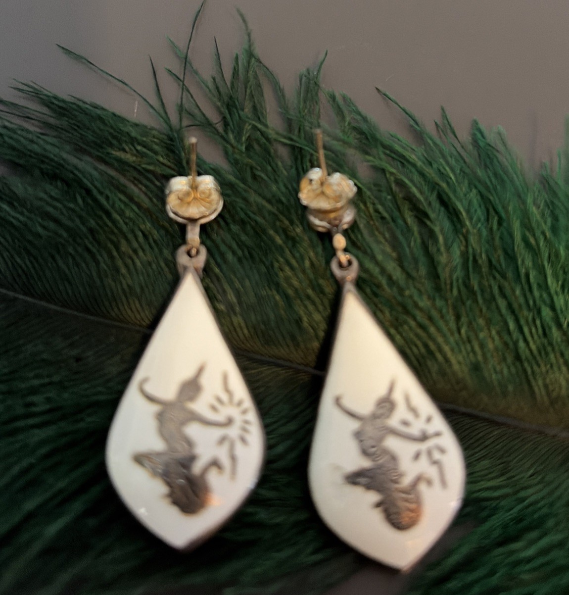 Mid Century Thai Siam Inlaid Sterling Silver White Enamel Earrings Post 4.5”