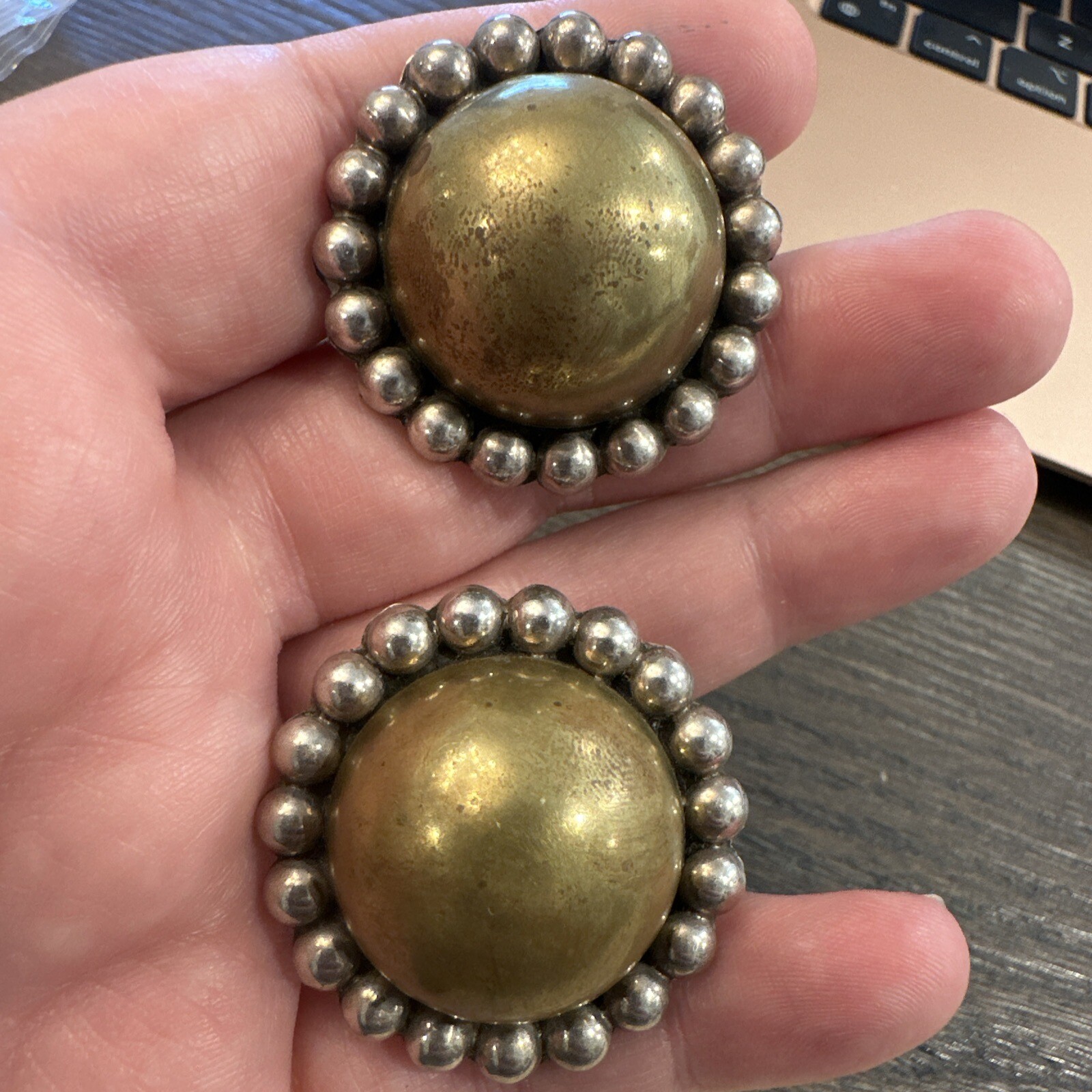 Vintage Taxco MEX Sterling Silver 925 & Brass Concho Clip On Earrings STATEMENT