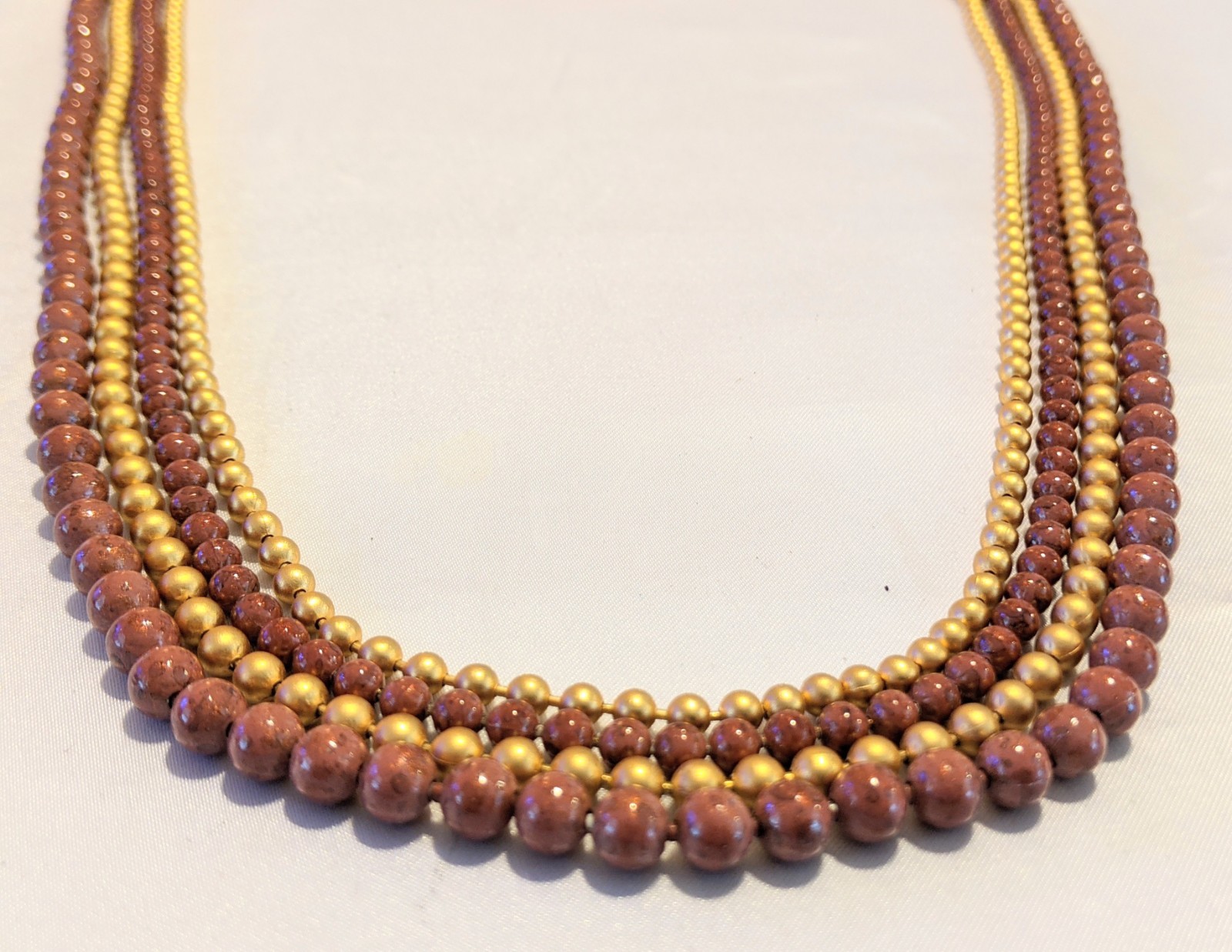 Vintage GEORGIOU Layered Beaded 4-Strand Necklace 27″ Dark Mauve-Beige w/ Gold