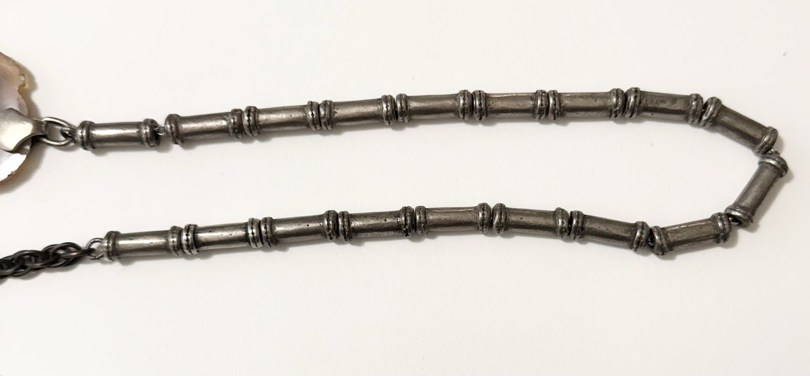 Modernist Pewter Tube Bead & Agate Geode Slices Chain Belt or Necklace 34”- 40”